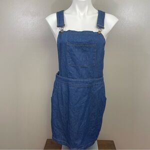 New UMGEE S  Dark Cotton Blue Denim Short Overall Dress Front & Side Pockets
